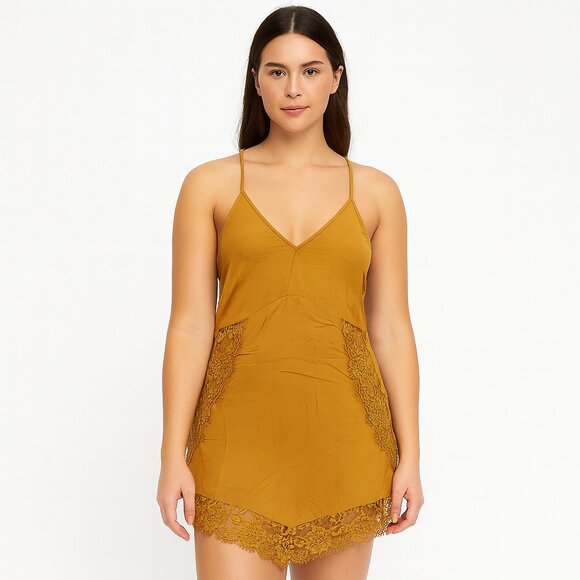 Free People Mustard Lace Trim Chemise - Picture 1 of 7